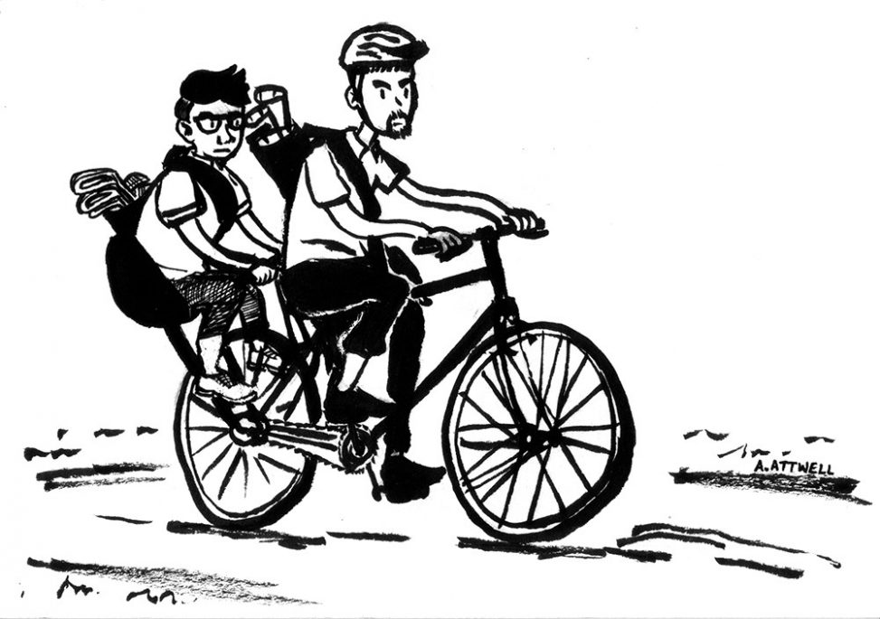 Portrait of Andrew and Tim cycling to the golf course illustration by Andrew Attwell