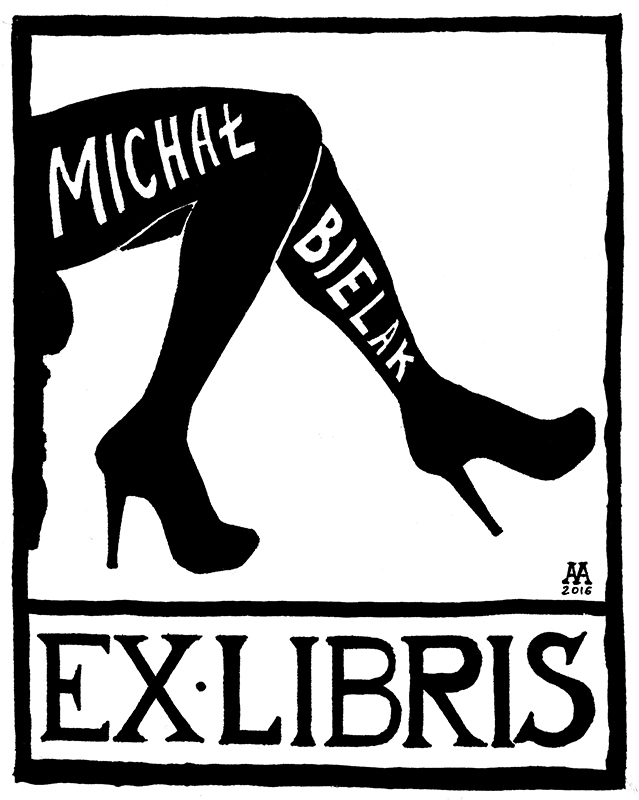 Ex-Libris featuring silhouette of a woman's legs illustration by Andrew Attwell
