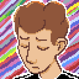 A pixel portrait of Francis Elvans on a multi-coloured background