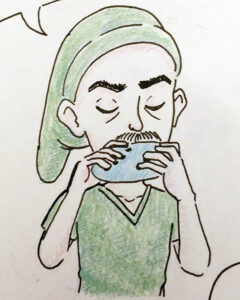 A pencil and ink drawing of Andrew Attwell, dressed like Link from the Legend of Zelda, playing on the ocarina. Drawn by Andrew Attwell.