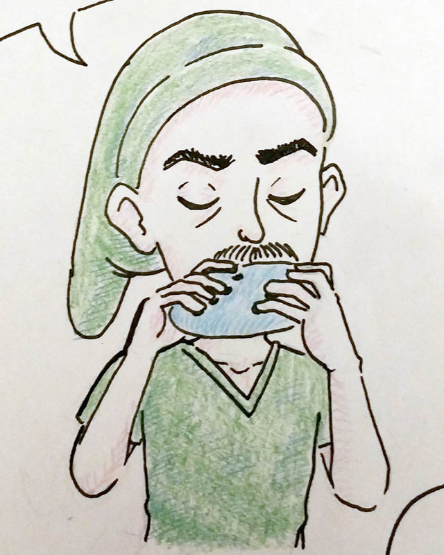 A pencil and ink drawing of Andrew Attwell, dressed like Link from the Legend of Zelda, playing on the ocarina. Drawn by Andrew Attwell.