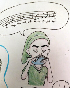 A pencil and ink drawing of Andrew Attwell, dressed like Link from the Legend of Zelda, playing "Farewell, Goodbye" on the ocarina. Drawn by Andrew Attwell.