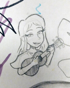 A pencil drawing of a young woman playing the ukulele. Drawn by Andrew Attwell.
