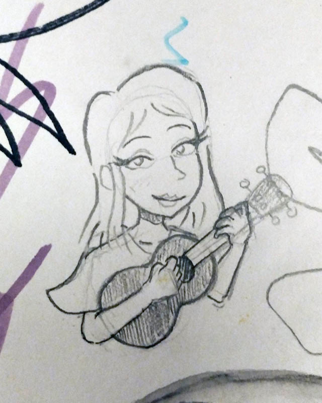 A pencil drawing of a young woman playing the ukulele. Drawn by Andrew Attwell.