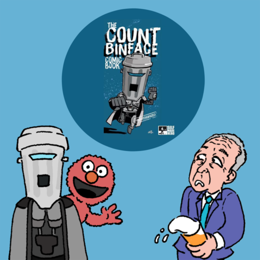 Graphic showing book cover for The Count Binface Comic Book, and an illustration of Count Binface, Elmo and Nigel Farage drawn by Andrew Attwell.