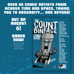Graphic showing book cover for The Count Binface Comic Book, listing all contributors.